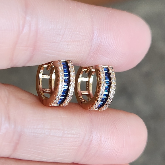 New 18K Gold Plated Baguette Blue Sapphire Diamond Small Hoop Earrings for Women